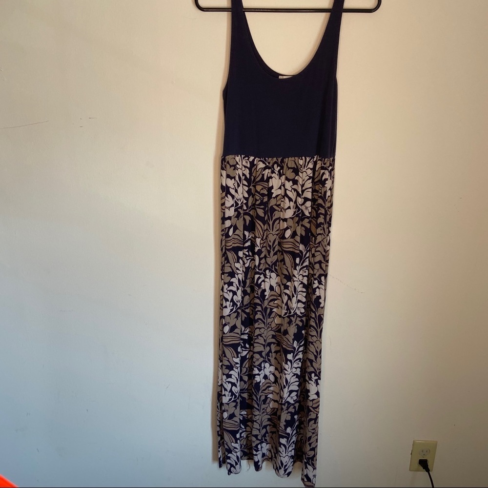 Loft Navy Blue Floral Tan Fit & Flare Womens Maxi Dress X-Small XS Casual Flowy